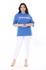 Kadın Büyük Beden Saks Pamuk Kumaş Ön Baskılı Kısa Kollu Bluz 65N38008