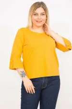 Kadın Hardal Büyük Beden Pamuklu Kumaş Kolları Süs Düğmeli Kapri Kollu Bluz 65N35766