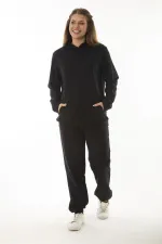 Kadın Büyük Beden Siyah Kanguru Cep Ve Kapşonlu Sweatshirt Pantolon İliki Takım 65N37053