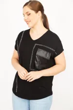 Kadın Siyah Büyük Beden Taş Ve Suni Deri Garnili Düşük Kollu Bluz