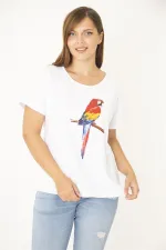 Kadın Büyük Beden Beyaz Pamuk Kumaş Ön Baskılı Bluz 65N36938