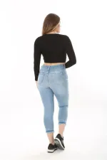 Kadın Büyük Beden Mavi Yırtık Detaylı 5 Cep Likralı Kot Pantolon 65N37601