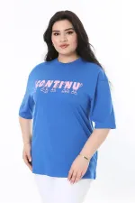 Kadın Büyük Beden Saks Pamuk Kumaş Ön Baskılı Kısa Kollu Bluz 65N38008