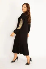 Kadın Siyah Nakış Ve Cep Detaylı Eteği Katlı Uzun Kollu Elbise 65N34743
