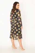 KADIN SİYAH KOLLARI TÜL BEDENİ ASTARLI KUŞAK BAĞLAMALI ÖNÜ AÇIK ANVELOP ELBİSE