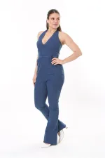 Kadın Büyük Beden Lacivert Sırt Dekolteli Kot Tulum 65N37732