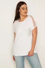 KADIN KEMİK OMUZLARI TÜL VE PETO CEBİ TAŞ DETAYLI VİSKON BLUZ