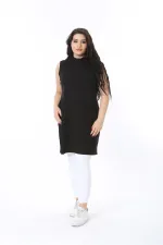 Kadın Büyük Beden Siyah Kaşkorse Kolsuz Uzun Tunik 65N38703