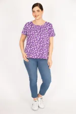 Kadın Lila Büyük Beden Pamuklu Kumaş Kısa Kollu Desenli Bluz