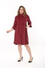 Kadın Büyük Beden Bordo Yaka Kol Ağzı Ve Etek Kısmı Tafta Kumaş Elbise 65N37545