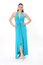 Kadın Büyük Beden Yeşil Boyundan Bağlamalı Göğüs Detaylı Elbise 65N37739