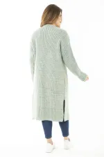 Kadın Büyük Beden Yeşil Yırtmaçlı Kalın Triko Uzun Hırka 65N37140