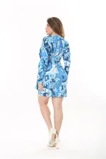 Kadın Büyük Beden Mavi Beli Toka Aksesuarlı Kapalı Anvelop Elbise 65N37546