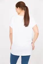 Kadın Beyaz Büyük Beden Kolları Lazer Kesim Taş Ve Baskı Detaylı Bluz