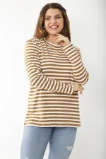 Kadın Büyük Beden Sütlükahve Uzun Kollu Çizgili Bluz 65N37217