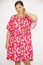 Kadın Büyük Beden Renkli Bisiklet Yakalı Volan Kollu Belden Büzgülü Elbise