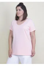 Kadın Büyük Beden Pembe Pamuklu Kumaş V Yaka Bluz
