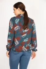 Kadın Büyük Beden Renkli Dokuma Viskon Kumaş V Yaka Bağcıklı Bluz 65N36832