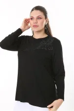 Kadın Büyük Beden Siyah Aplike Dantel Ve Taş Detaylı Uzun Kollu Bluz 65N37688