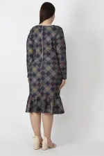 WOMEN'S NAVY BLUE PLAID PATTERNED COLLAR DETAILED DRESS WITH FLOUNCED HEM