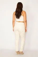 Kadın Bej Ekose Baskılı Likralı 5 Cepli Kot Pantolon 26A34151