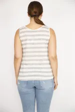 Kadın Gri Büyük Beden Bisiklet Yakalı Kolsuz Çizgili Bluz