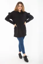 Kadın Büyük Beden Siyah İçi Şardonlu Üç İplik Kol Detaylı Kapşonlu Sweatshirt 65N37299