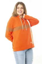 Kadın Büyük Beden Oranj İçi Şardonlu İki İplik Kapşonlu Sweatshirt 65N37163