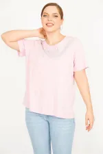 Kadın Pembe Büyük Beden Pamuklu Kumaş Yakası Sim Detaylı Bluz