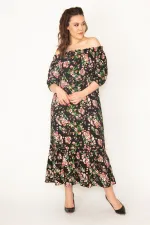 KADIN EFLATUN DOKUMA VİSKON KUMAŞ MADONNA YAKA KOL AĞZI VE YAKASI LASTİKLİ KATLI ELBİSE