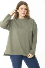 Women's Plus Size Khaki Ribbed Slit Sweatshirt 65N37177