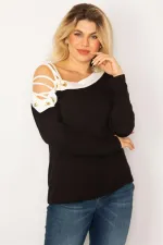 BLOUSE BICOLORE NOIRE POUR FEMME AVEC DÉTAILS ŒILLETS