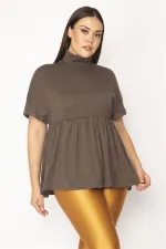 Kadın Kahve Boğazlı Yaka Bel Büzgülü Düşük Kol Triko Bluz 65N29661