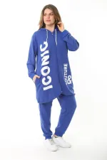 Kadın Büyük Beden Gri Baskı Ve Fermuar Detaylı Kapşonlu Sweatshirt Pantolon Takım 65N37128