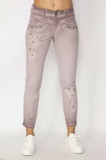 KADIN LİLA YIKAMALI GABARDİN KUMAŞ DANTEL VE BONCUK İŞLİ PANTOLON