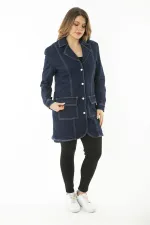 Kadın Büyük Beden Lacivert Ön Düğme Ve Cepli Likralı Kot Mont 65N37112