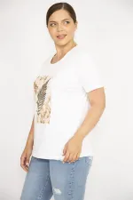 Kadın Kemik Büyük Beden Pamuk Kumaş Bisiklet Yakalı Kısa Kollu Ön Baskılı Bluz