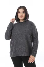 Kadın Büyük Beden Antrasit Yün Viskon Kumaş Kapşonlu Sweatshirt 65N38520