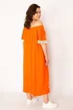 Kadın Kırmızı Karmen Yaka Nakış Ve Püskül Detaylı Uzun Elbise 65N33437