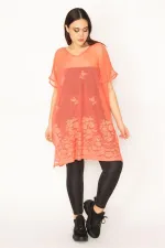 Kadın Büyük Beden Nar Astarsız Dantel Tül Tunik 65N37672