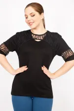 Kadın Siyah Büyük Beden Flok Tül Detaylı Bluz