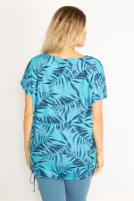 Kadın Mavi Taş Detaylı Etek Ucu Tünel Bağcıklı Bluz 65N34629