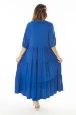 Kadın Büyük Beden Saks Yakalı Kol Ağzı Lastik Detaylı Katlı Uzun Elbise 65N37071