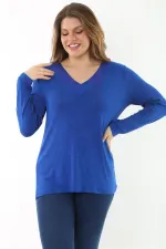 Kadın Büyük Beden Saks V Yakalı Taş Detaylı Uzun Kollu Bluz 65N37153