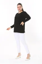 Kadın Büyük Beden Siyah Taş Ve Arka Robası Dantel Detaylı Uzun Kollu Bluz 65N37694