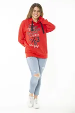 Women's Plus Size Red Double-Thread Front Printed Hooded Sweatshirt 65N37161