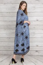 Kadın Mavi Anvelop Yakalı Desenli Uzun Elbise 65N23192