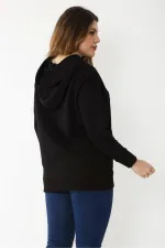 Women's Plus Size Black Hooded Kangaroo Pocket Sweatshirt 65N37197