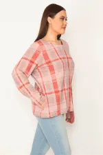 KADIN KIRMIZI ÖN FERMUARLI EKOSE DESEN ASTARSIZ CEKET