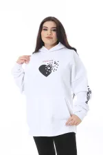 Women's Plus Size White Polar Fleece Print and Hooded Detailed Sweatshirt 65N38623